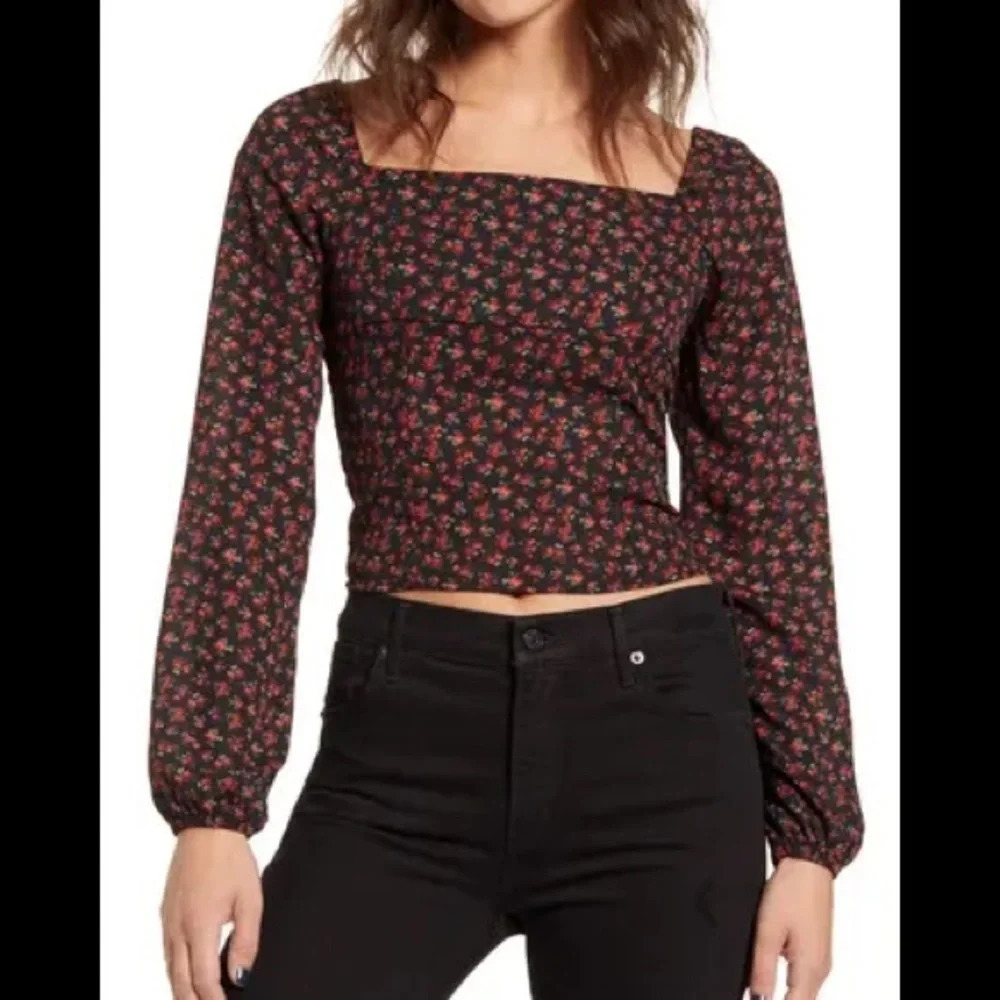 One Clothing Ditsy Long Sleeve Smocked Crop Top